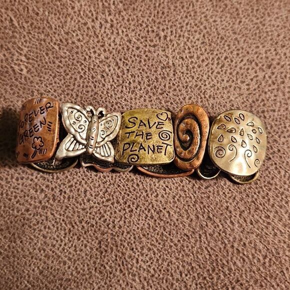 5/$15 Multi tone metal bracelet, bohemian style with save the Earth phrases - Picture 5 of 7